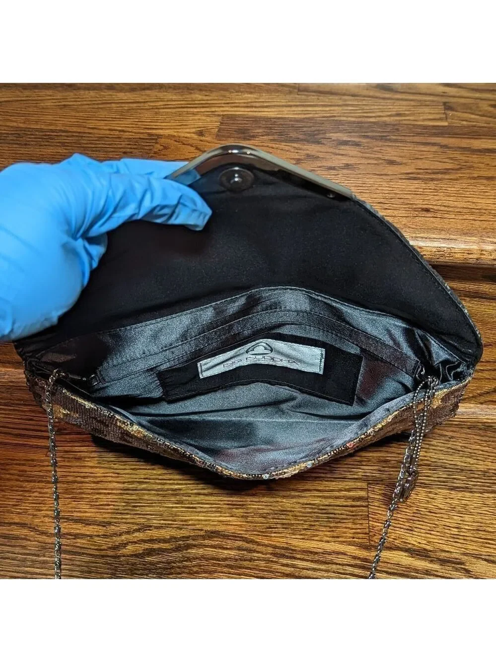 Big Buddha Gunmetal Snakeskin and Sequin Envelope Clutch EUC
